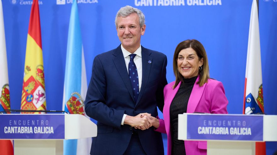 La presidenta de Cantabria, María José Sáenz de Buruaga, recibe al presidente de la Xunta de Galicia, Alfonso Rueda, para firmar una declaración institucional en la sede del Gobierno de Cantabria