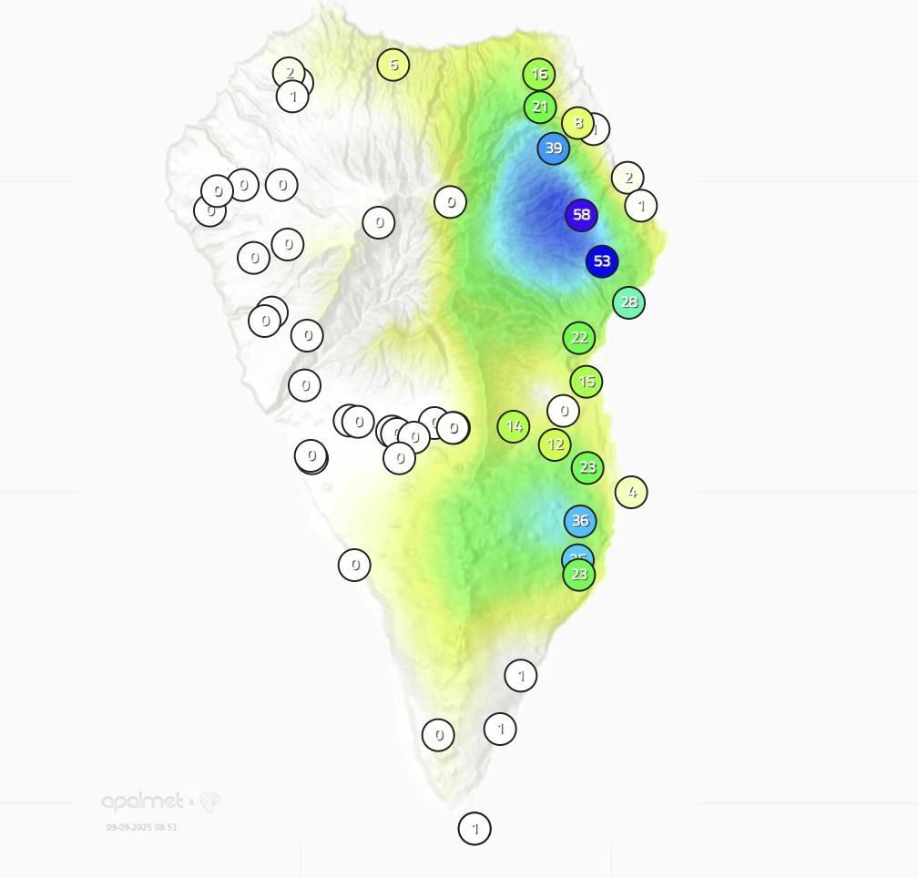 Mapa de Apalmet de la lluvia registrada en diferentes puntos de La Palma hasta las 09.00 horas de este martes, 9 de septiembre.
