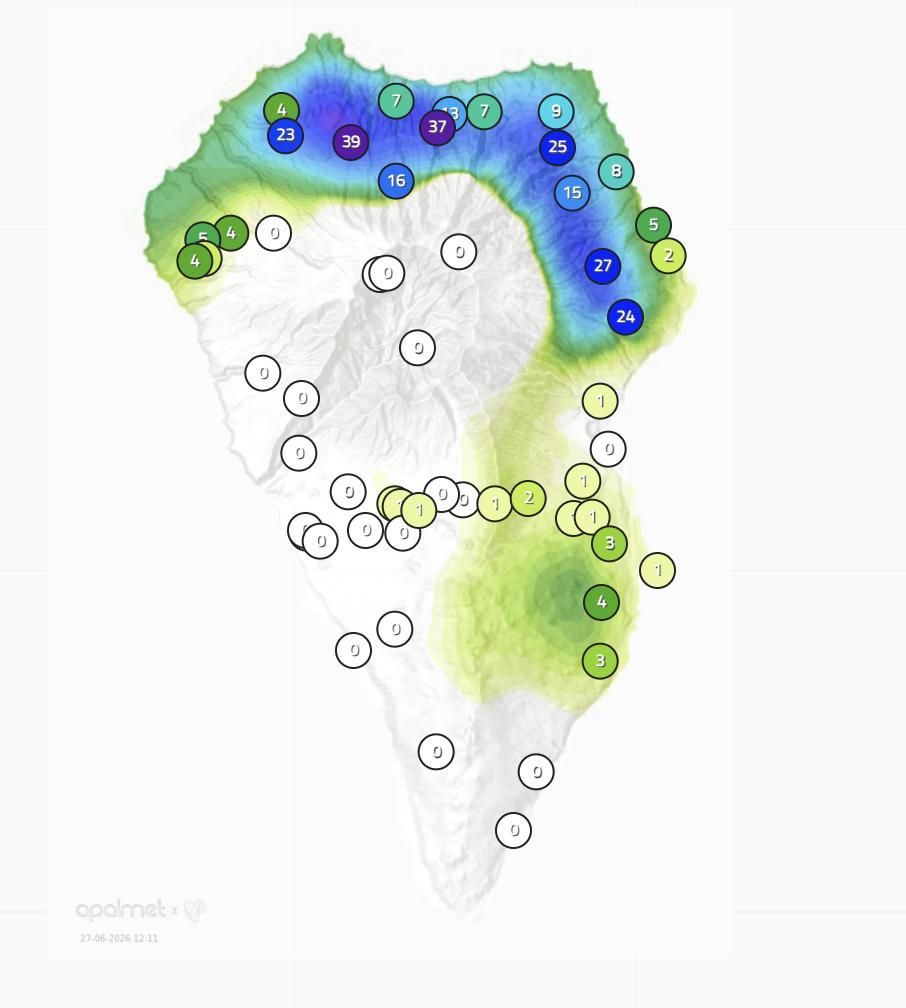 Mapa de Apalmet de la lluvia registrada este sábado, 27 de junio, hasta las 12.11 horas, en diversos puntos de La Palma.