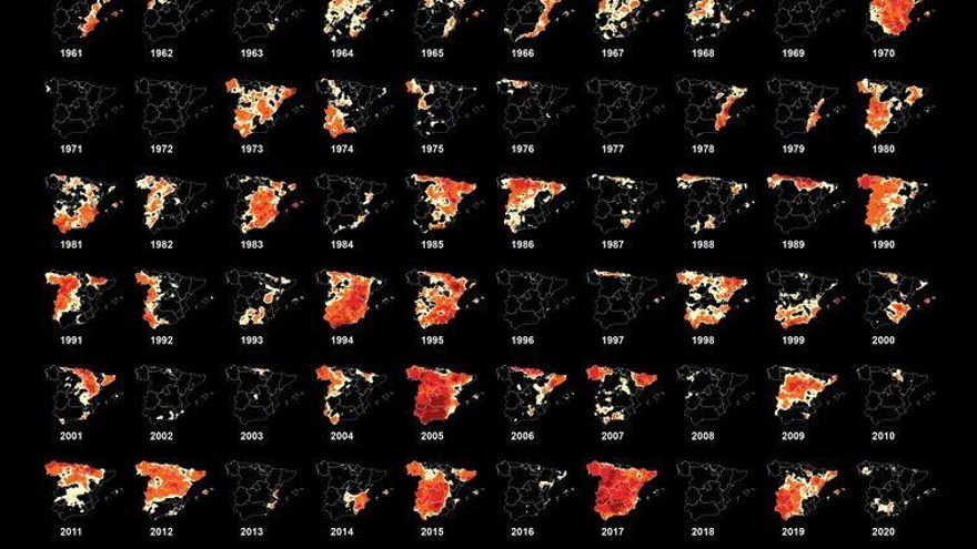 Figura 1. Evolución anual de las sequías en la España peninsular de acuerdo con el Índice de Precipitación Estandarizada (SPEI) de 12 meses de acumulación.