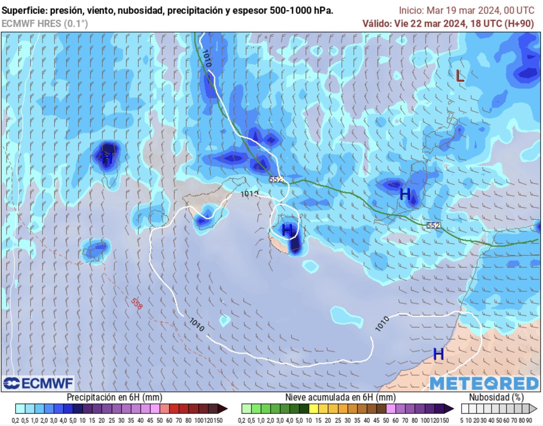 Mapa de lluvias en Canarias este viernes, según el modelo europeo.
