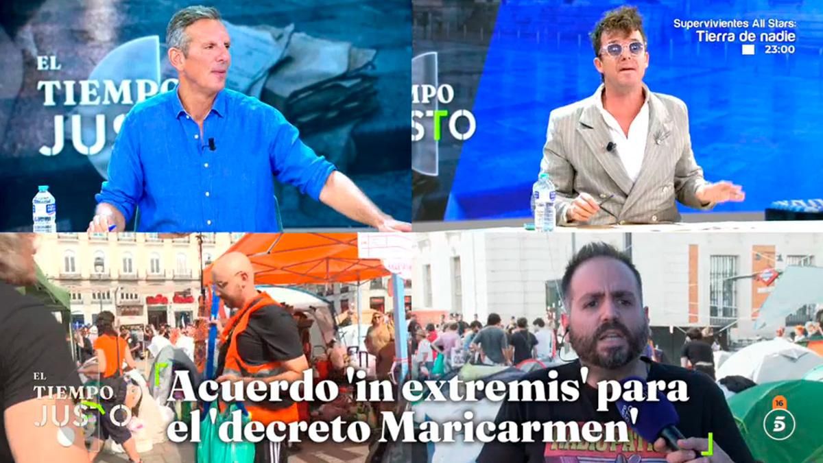 Joaquín Prat, Aldo Comas y un manifestante, en 'El tiempo justo' de Telecinco