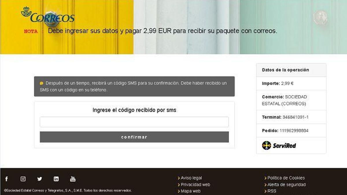 Página fraudulenta que suplanta la identidad de Correos