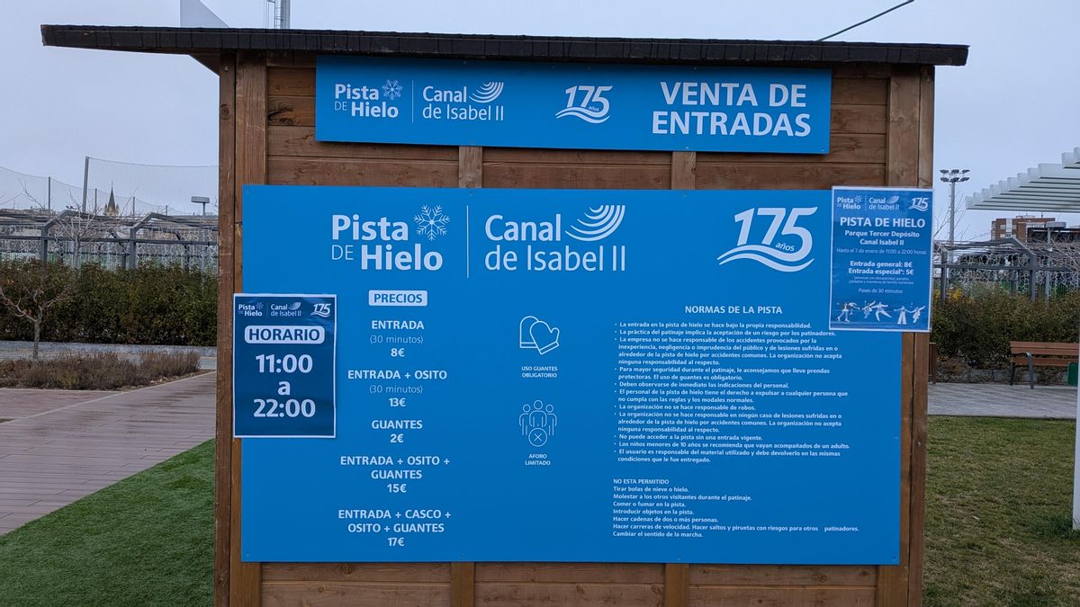 Cartel de precios de la pista de hielo del Canal