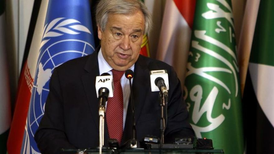 UN Secretary-General, Antonio Guterres speaks during a joint press conference with Pakistani Foreign Minister in Islamabad, Pakistan, 16 February 2020. Guterres is on an official visit of Pakistan.