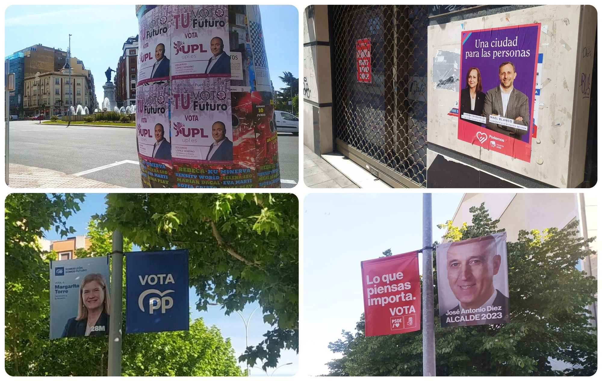 Carteles electorales en esta campaña del 28M de 2023 en León.