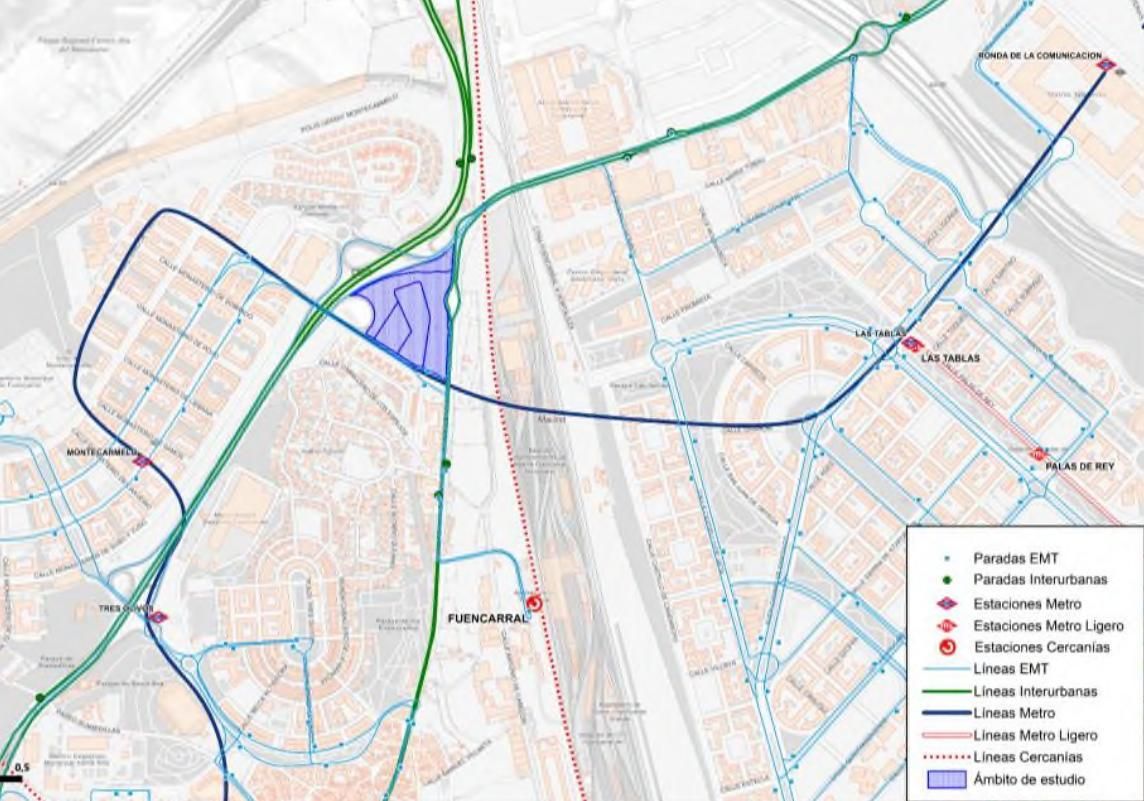 Mapa del transporte público actual en la zona donde se implantarán las cocheras de Montecarmelo
