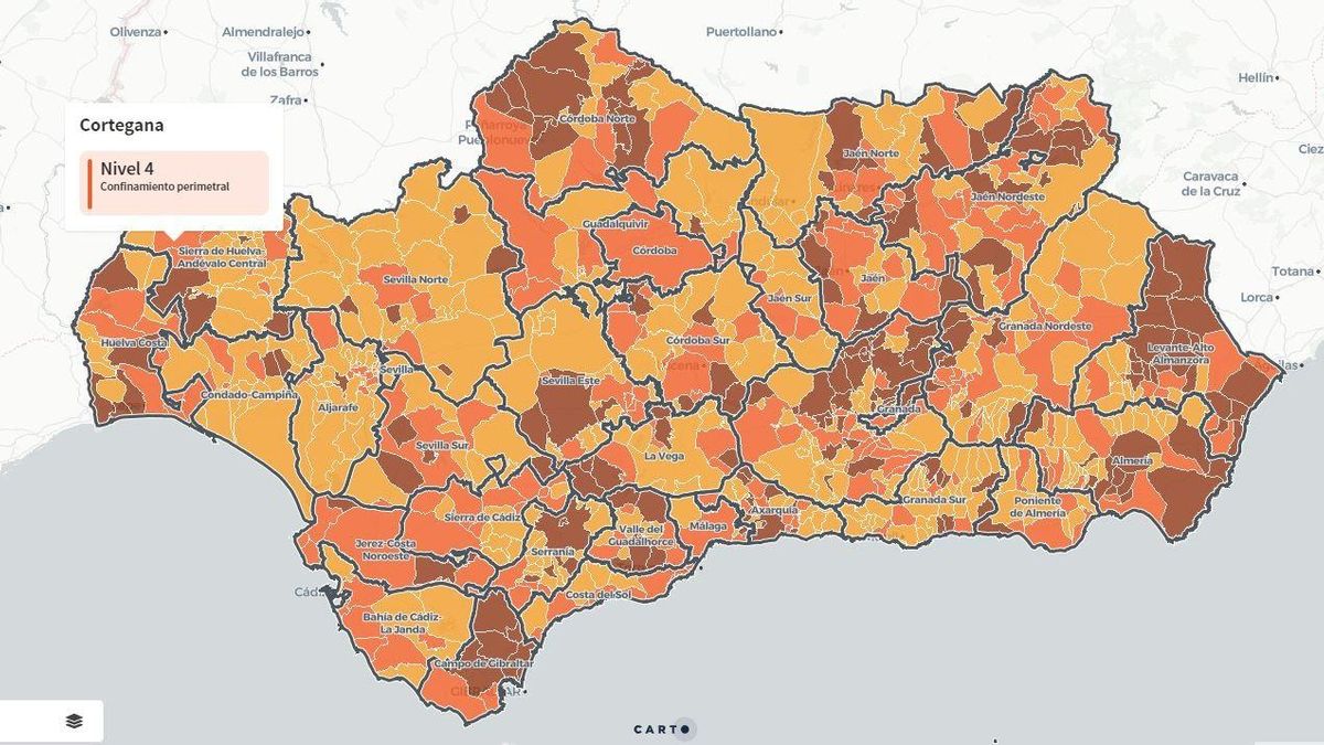 Mapa de Andalucía con nivel de restricciones ante el Covid a 22 de enero de 2021
