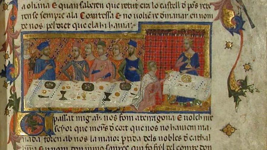 Representación del 'Sopar de Tarragona’, donde se decidió la conquista de Mallorca, en el ‘Llibre dels feyts’, la crónica del reinado de Jaume I.