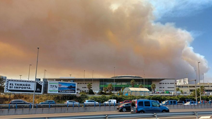 Columna de humo originada por el incendio y en primer término la terminal del aeropuerto Tenerife Norte, en La Laguna. EFE/ Jorge Morales