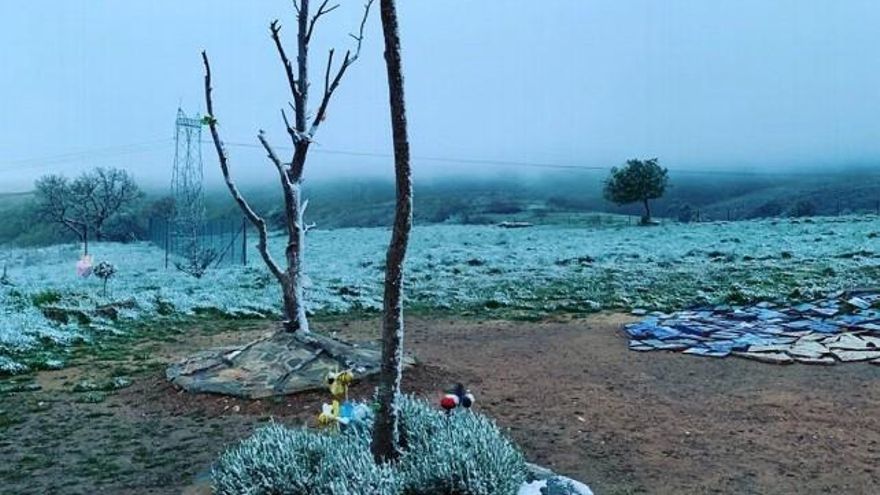 Heladas de esta noche que dejaron un manto blanco en el Camino de Santiago a su paso por Foncebadón. / Foto El Trasgu de Foncebadón