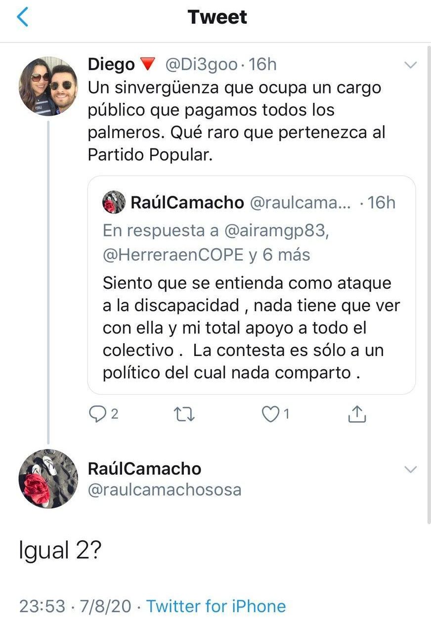 Contestación en Twitter del consejero del PP en el Cabildo de La Palma, Raúl Camacho