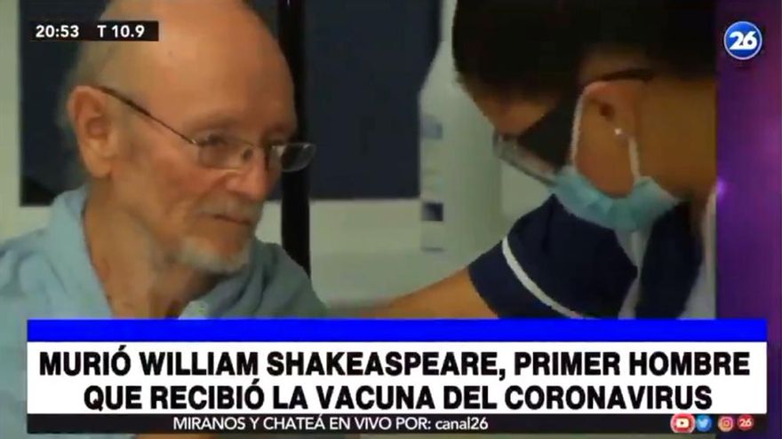 La confusión en una TV argentina sobre la muerte del primer vacunado William Shakespeare: "Un escritor referente"