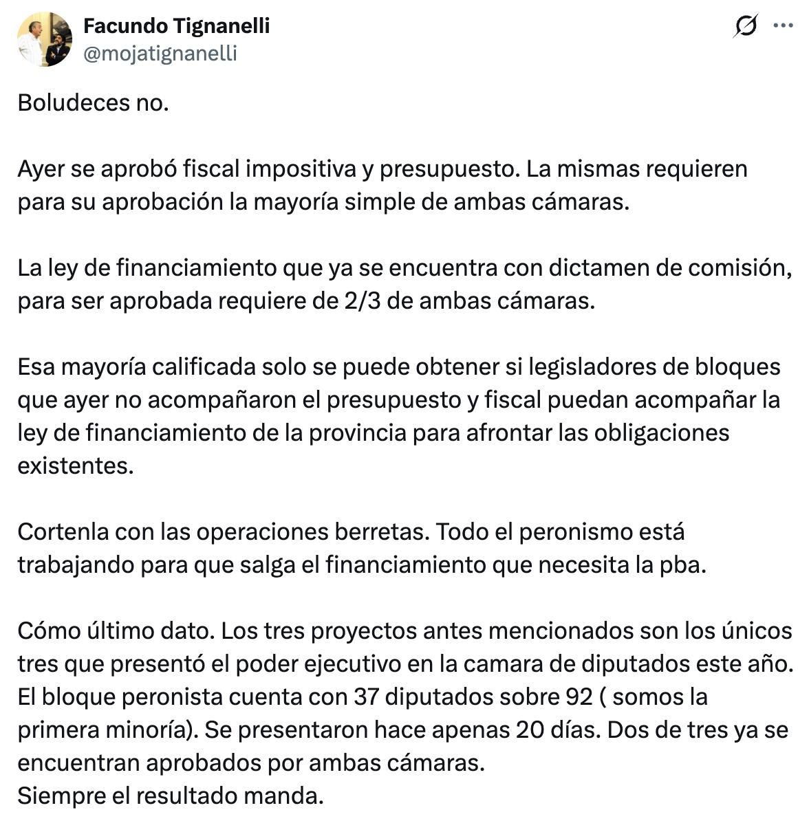 El tuit del camporista Tignanelli.