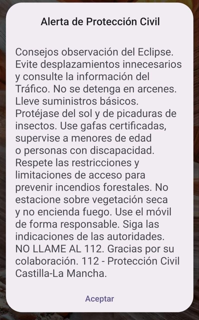 Mensaje Es-Alert enviado en Castilla-La Mancha por el eclipse