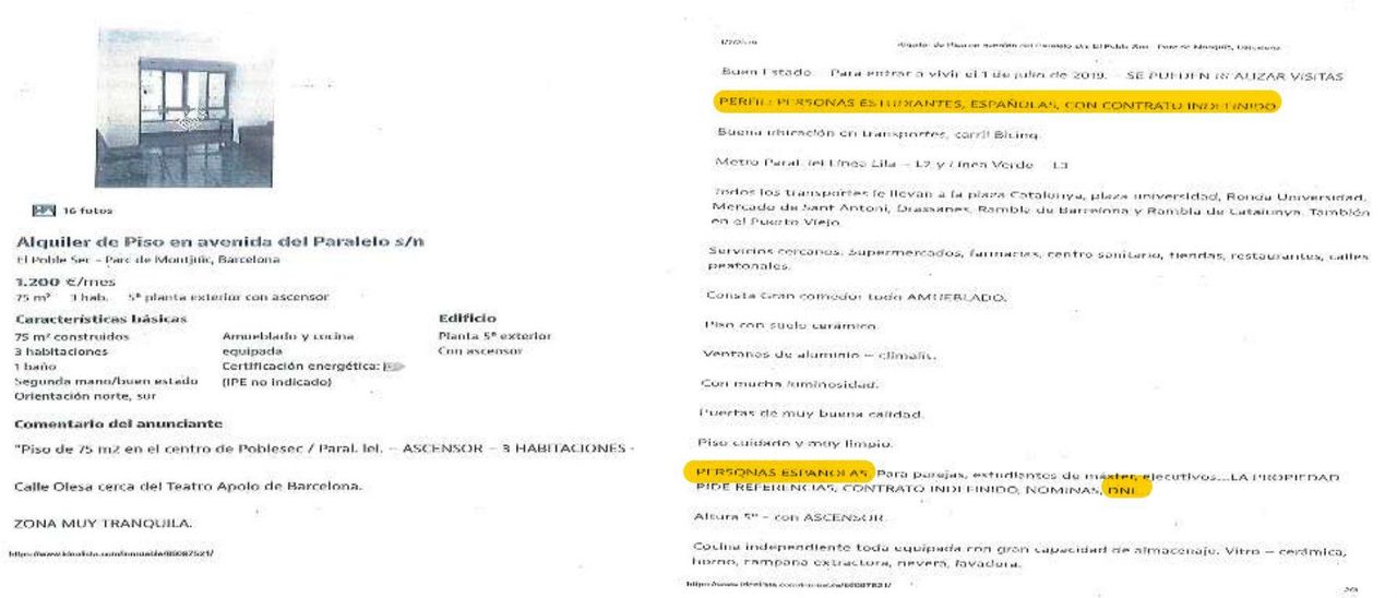 Anuncio de Idealista, de 2019, en que sólo se aceptan inquilinos españoles