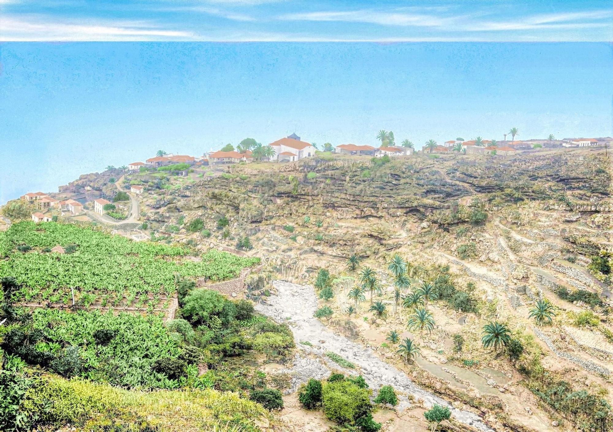 Vista de la Villa de San Andrés. A la derecha de la imagen el lugar donde estuvo el ‘Juego de la Bola’. Archivo General de La Palma.1910. Restaurada y coloreada por Abraham Tomás Díaz Abreu.