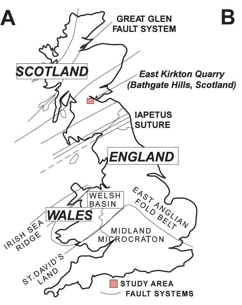 Mapa del Reino Unido que destaca el área de estudio de la cantera East Kirkton (en rojo) en las colinas de Bathgate, valle central de Escocia (modificado de [ 41 ])