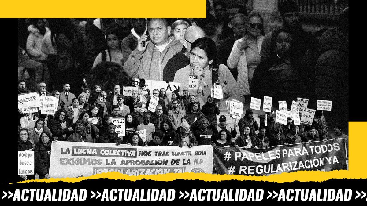 Montaje: abajo, concentración frente al Congreso por la Regularización y encima una cola para registrarse en el padrón de Valencia y llevar a cabo la regularización