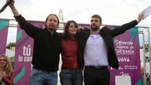 Pablo Iglesias, Isa Serra y Jesús Santos, en el acto central de Unidas Podemos en las autonómicas y municipales de 2019.