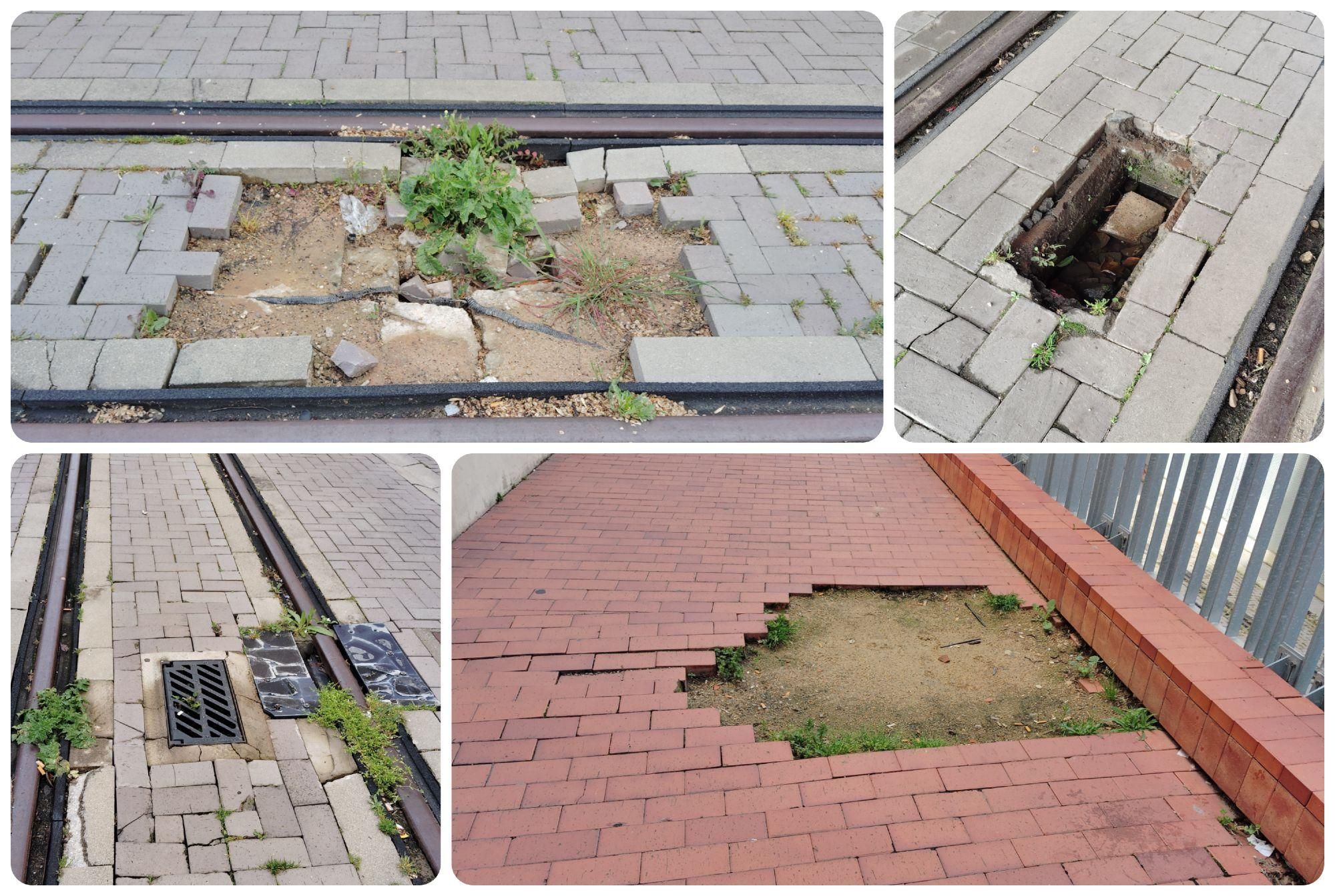 Destrozos dos años después de los arreglos en el vial del Tranvía de Feve.