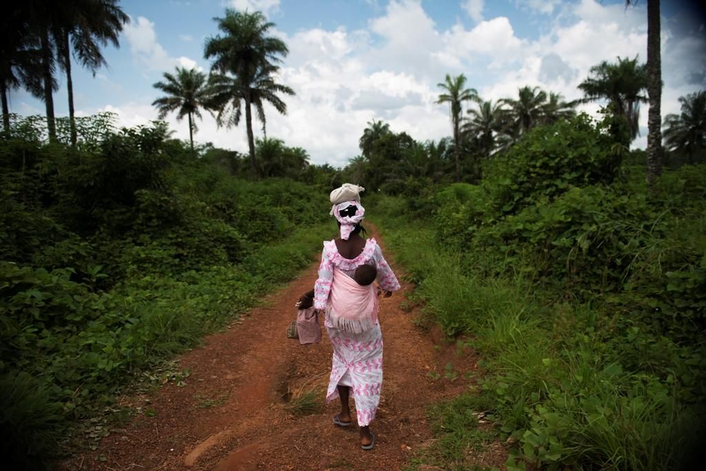 Muchas mujeres tienen que caminar kilómetros para llegar a un centro de salud. Sierra Leona, apenas cuenta con 300 médicos en todo el país para una población de casi 6 millones de personas. Una madre regreso a su aldea desde la clínica de Bumpe. Fotografía: Lynsey Addario/ VII