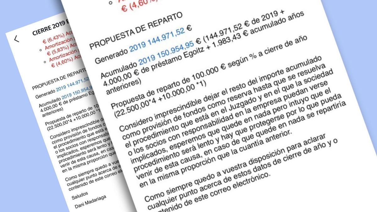 Uno de los correos en los que se reparten 100.000 euros de ganancias de Eventos El Espino SL.
