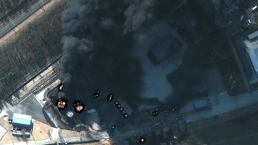 A handout satellite image made available by Maxar Technologies shows damage to Ukrainian fuel storage depot at Kalynivka, Ukraine, 25 March 2022 (issued 27 March 2022)