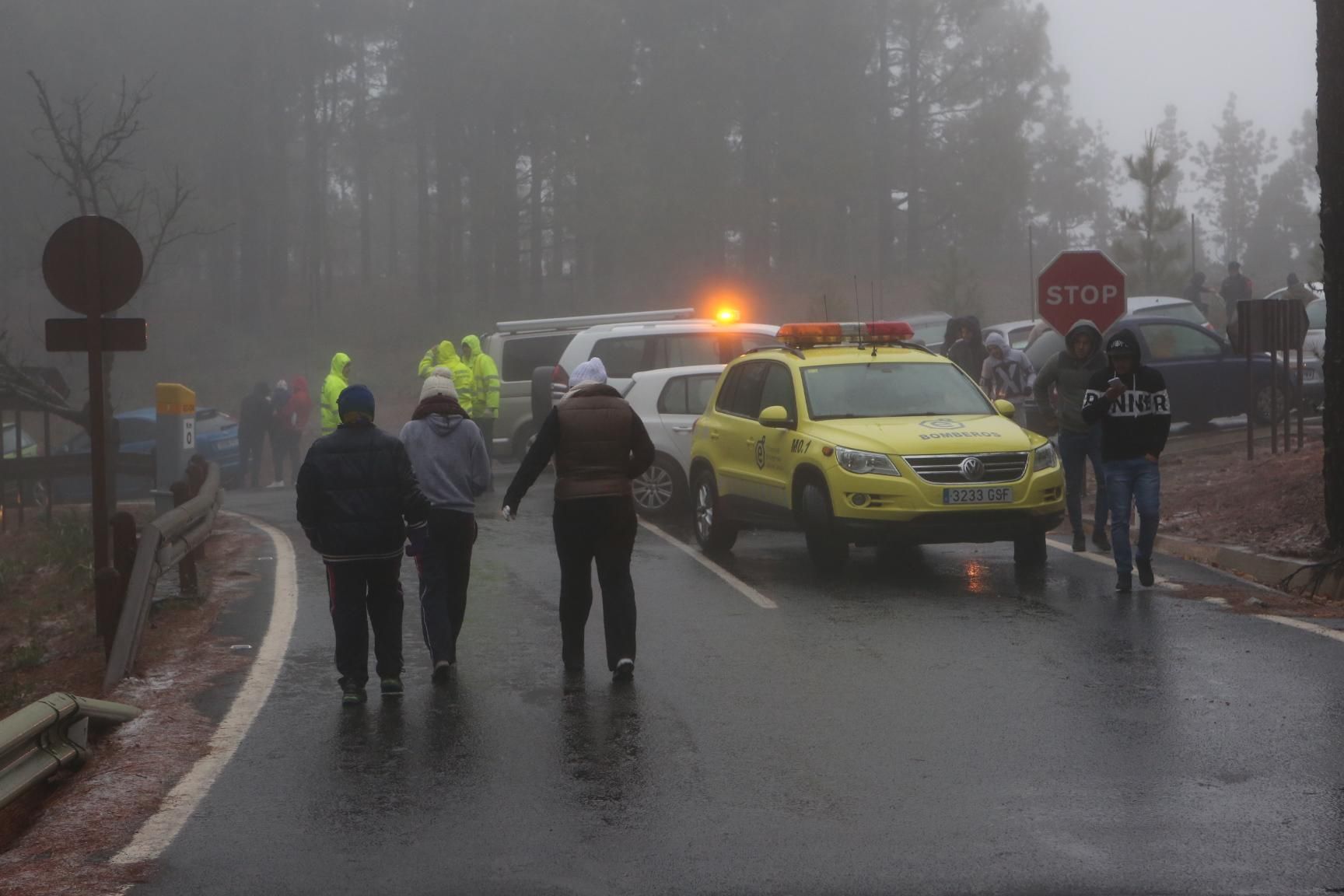 Un grupo de personas se acerca a la cumbre de Gran Canaria a ver la nevada.