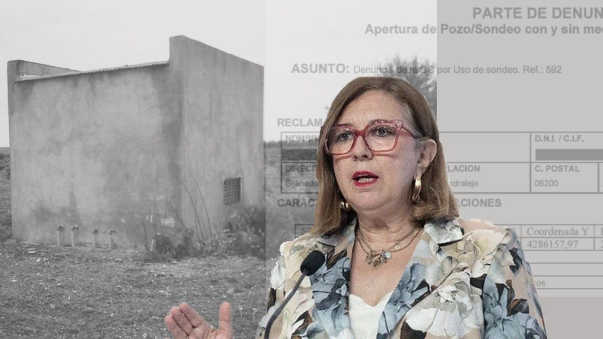 Montaje de la consejera de Agricultura de la Junta de Extremadura con una imagen del pozo ilegal de su parcela y la denuncia del Seprona