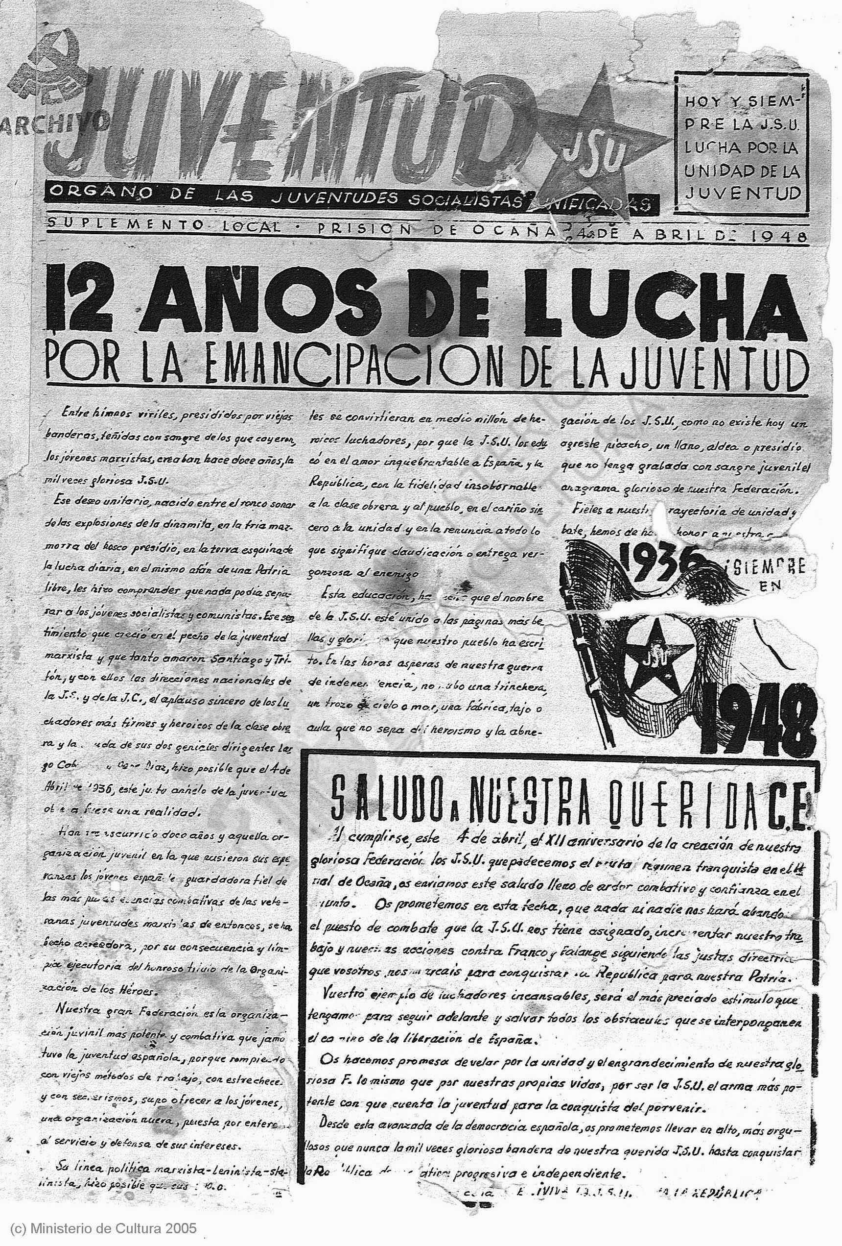 Número de 'Juventud' editado clandestinamente en Ocaña en los aniversarios del Frente Popular y de las JSU Ibárrur