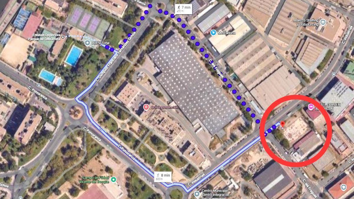 Ubicación del futuro crematorio respecto a los espacios de juego y ocio en torno al Parque Ondarreta, en Alcorcón