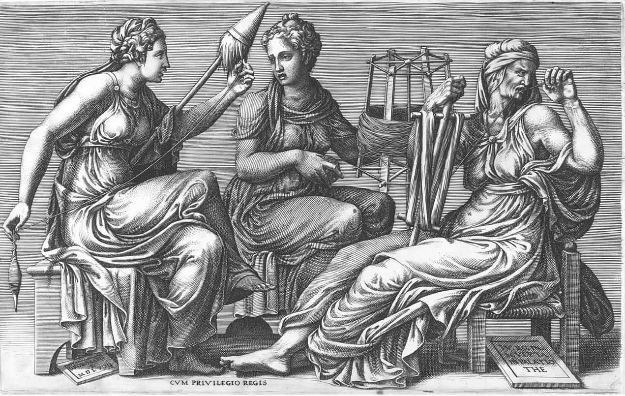 'Las Tres Parcas', Giorgio Ghisi, según Giulio Romano, dibujo, 1558-1559