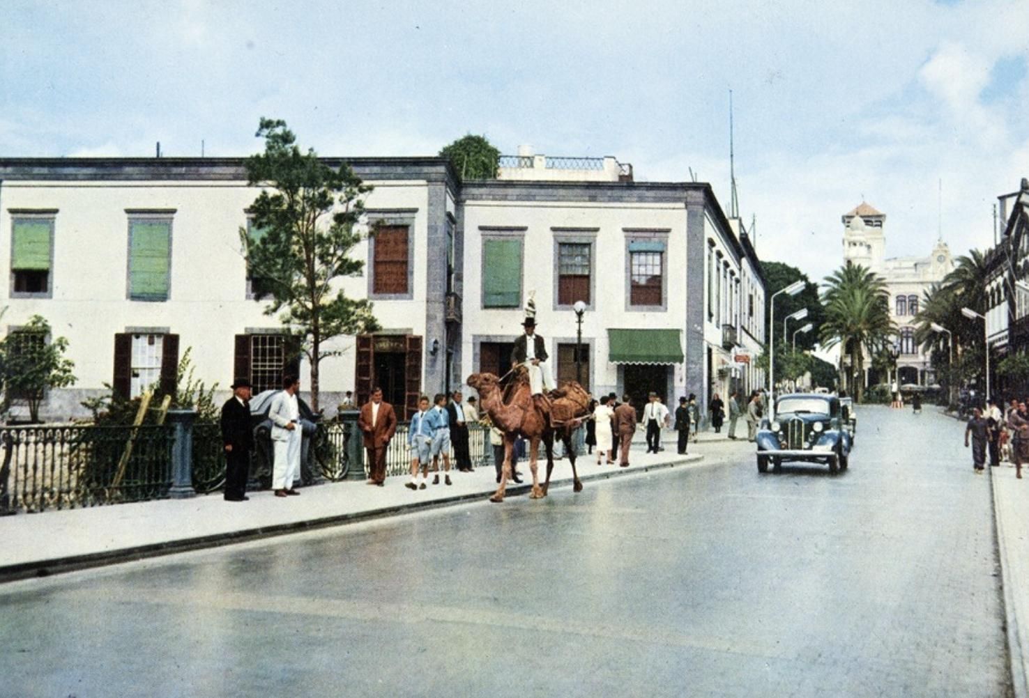Un camellero pasea por el ‘Puente de Piedra’ en la capital insular.