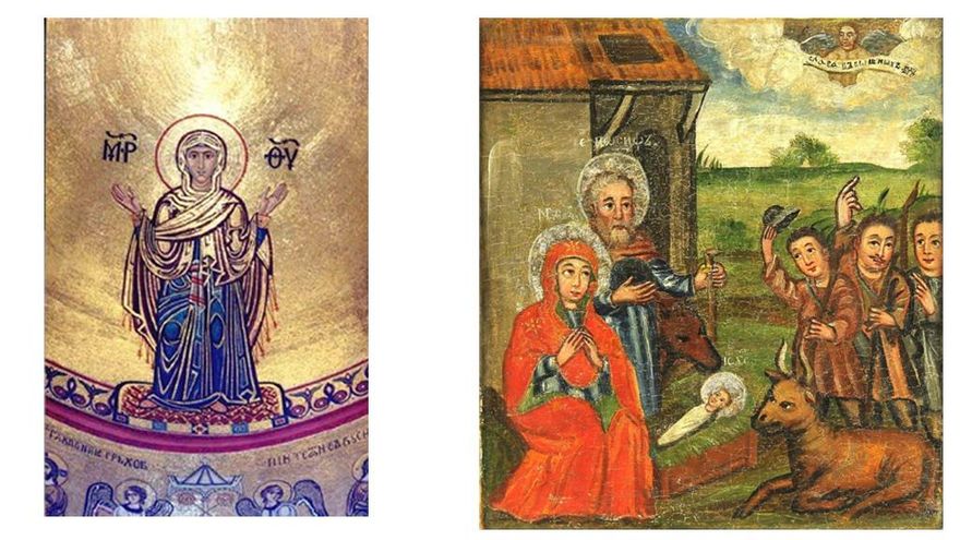 'Adoración de los pastores', artista anónimo. 1670. Y Mosaico de Virgen de Orante en la Iglesia de San Miguel en Kyiv.