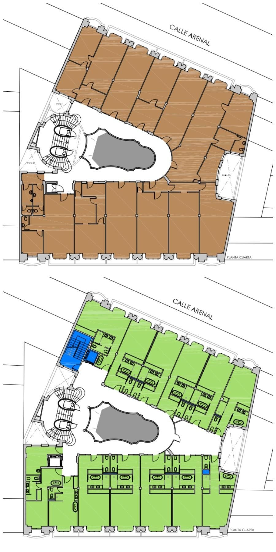 Demoliciones previstas (en marrón) y reconstrucciones (en verde) en la cuarta planta