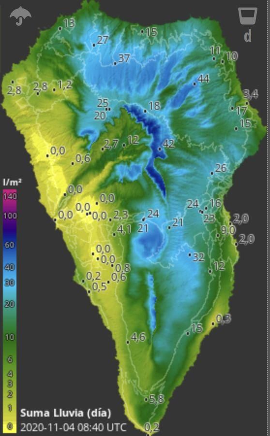 Mapa de HD Meteo La Palma de la lluvia caída, hasta las 08.40 horas de este jueves, 4 de noviembre, en la Isla.