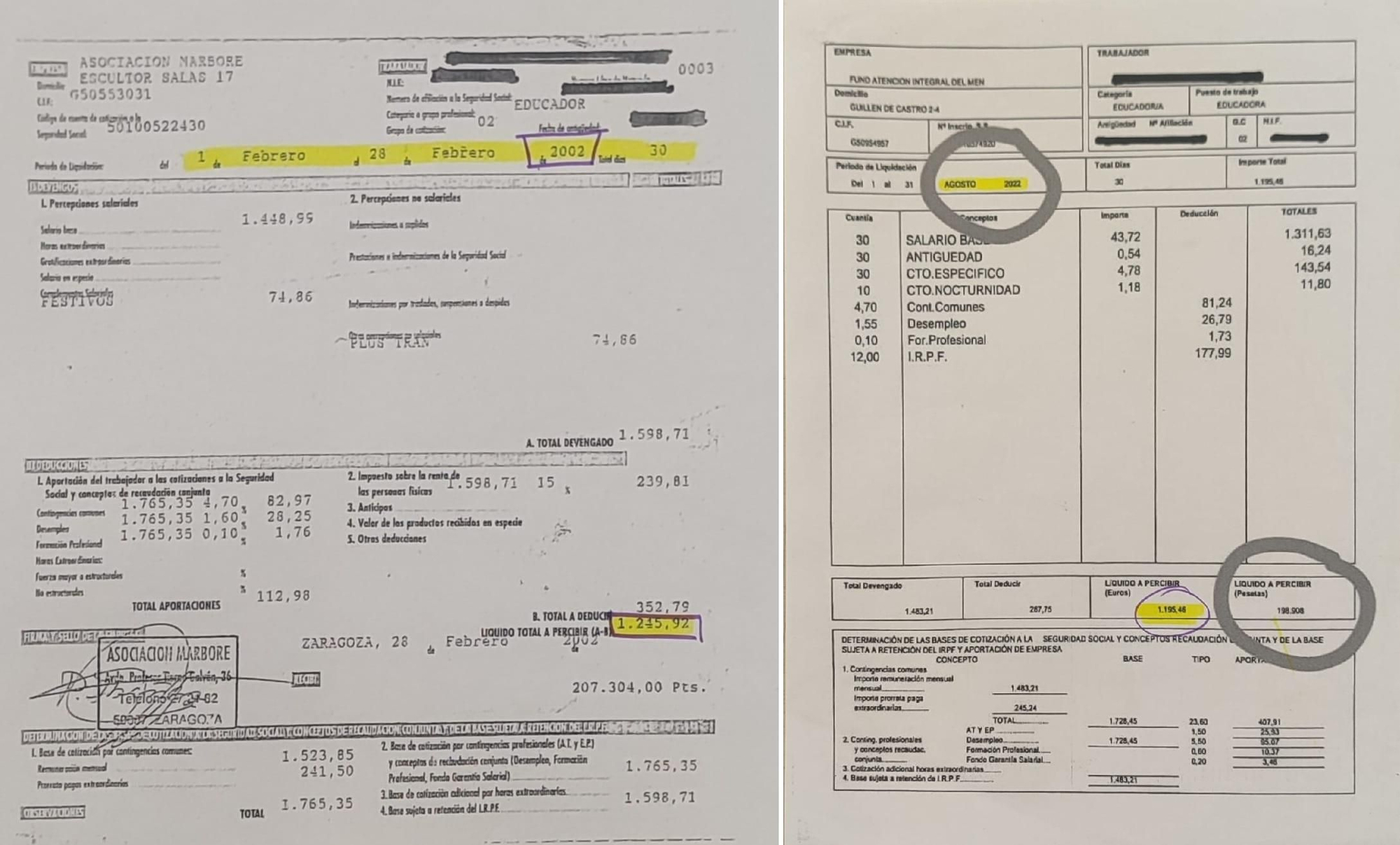 Ejemplo de sendas nóminas de 2002 y actual, en la que se ve que el salario no ha subido y que ahora se alinea con el SMI.