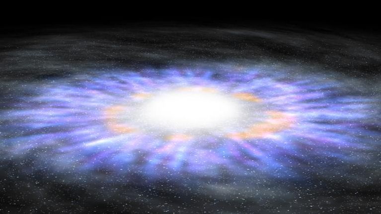 Ilustración artística que muestra los vientos ionizados templados y calientes y el gas molecular templado rotando en una galaxia con un AGN. Crédito: Gabriel Pérez Díaz (IAC).