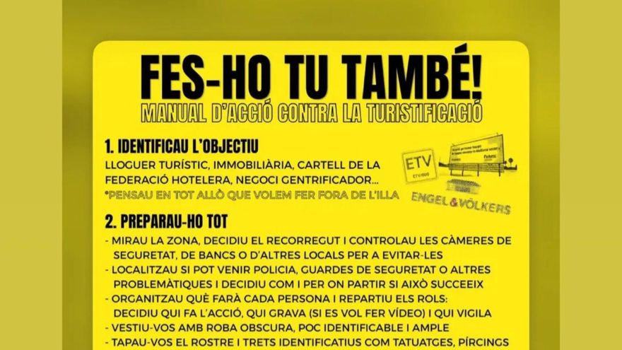 "¡Hazlo tú también!": un manual que anima a sabotear negocios turísticos pone en alerta a las administraciones en Balears