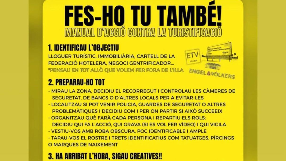 "¡Hazlo tú también!": un manual que anima a sabotear negocios turísticos pone en alerta a las administraciones en Balears