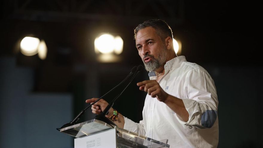 El líder de Vox, Santiago Abascal, presenta a los candidatos del partido para las elecciones del 29N en Talavera de la Reina (Toledo), este lunes. EFE/ Manu Reino