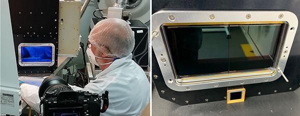 Izquierda: Uno de los detectores que se están probando en el laboratorio de ING. Derecha: uno de los dos mosaicos 2-CCD que se ven detrás de la ventana del criostato. Crédito: Grupo de Telescopios Isaac Newton, La Palma.