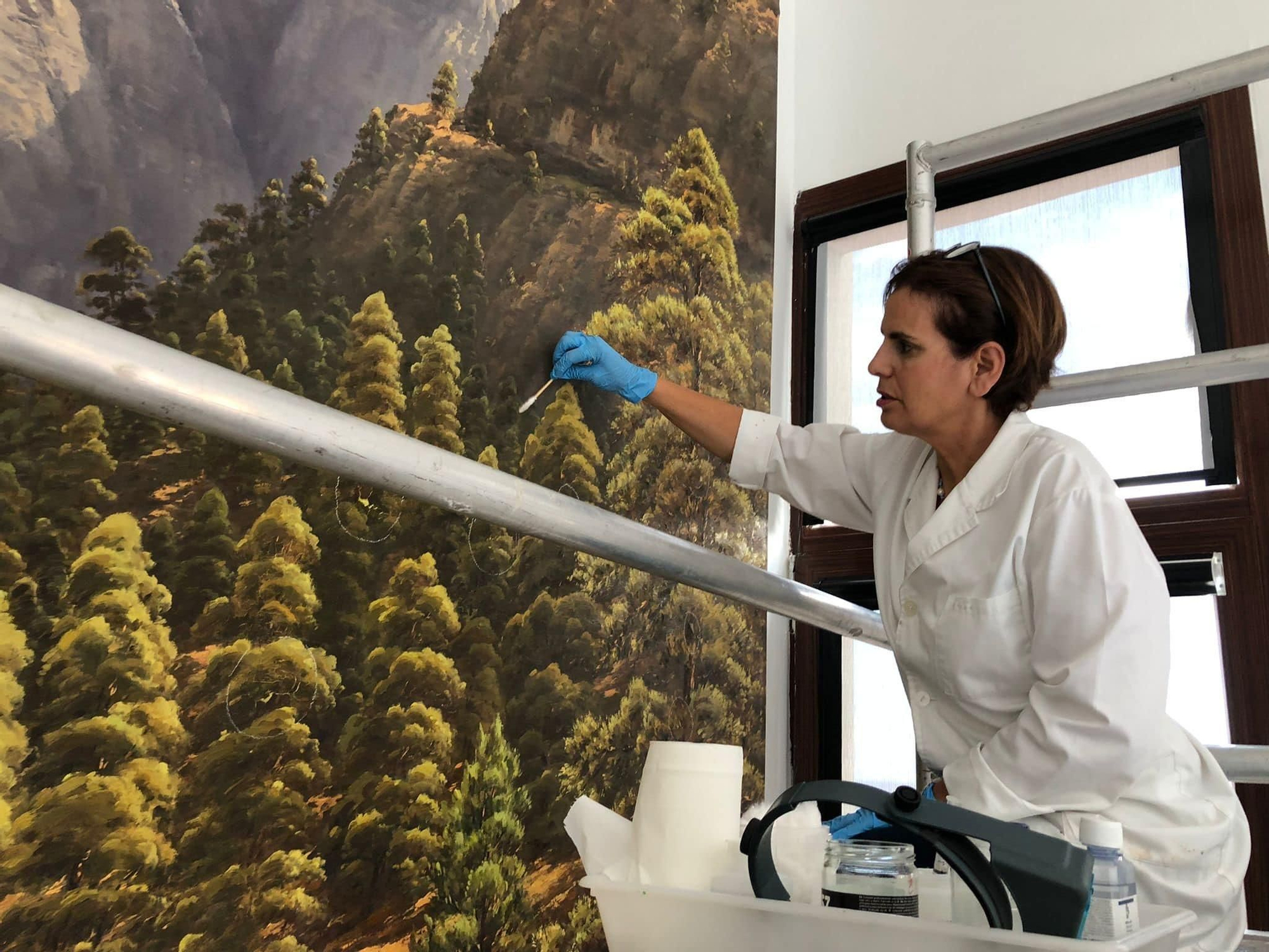 Isabel Concepción restaura el mural de su padre instalado en el Cabildo. MARÍA VICTORIA HERNÁNDEZ