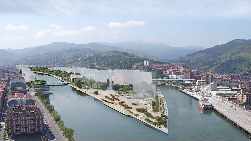 Isla de Zorrozaurre con la recreación de las viviendas.