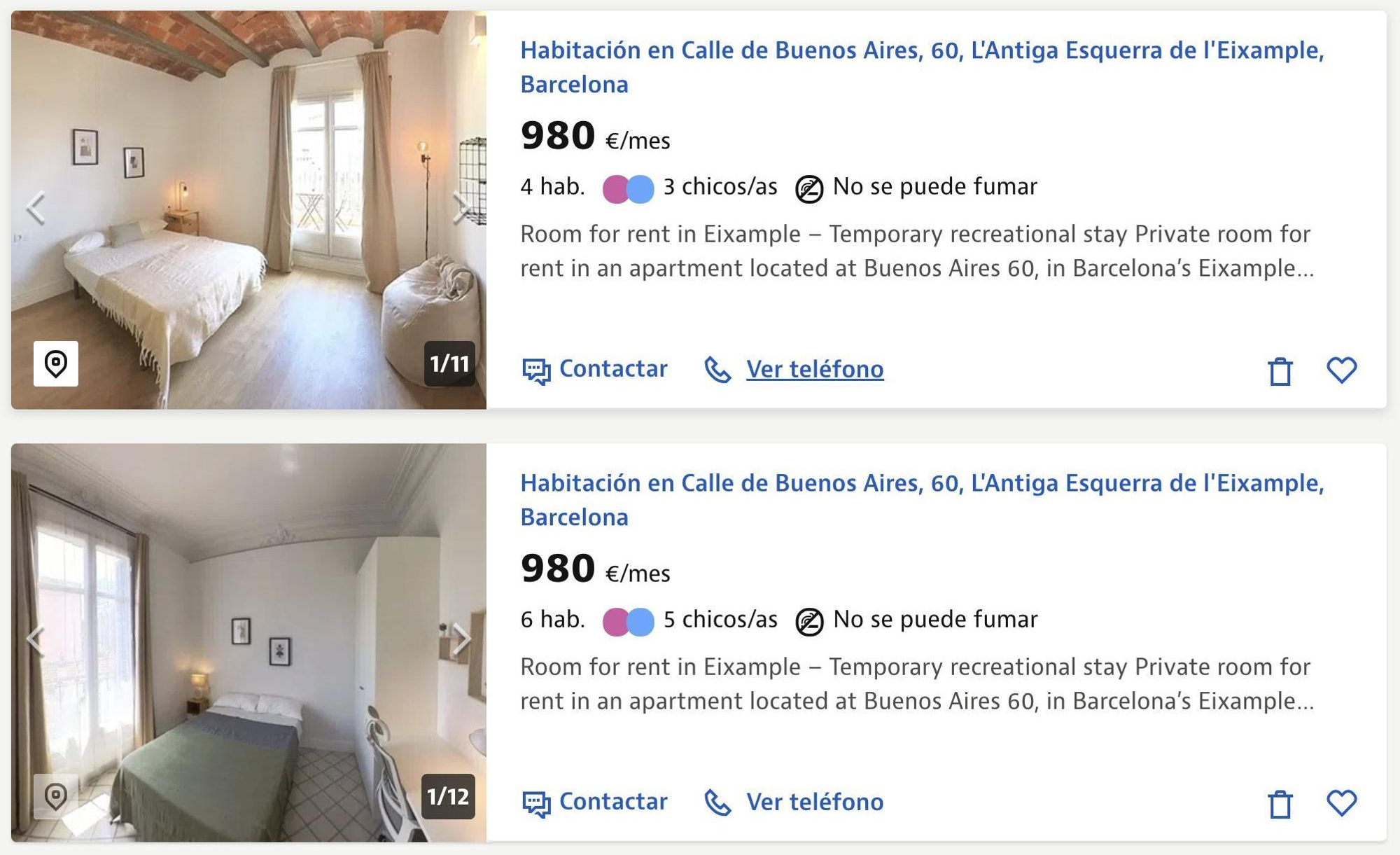 Habitaciones de pisos de NAD que se anuncian por entre 900 y 1.000 euros