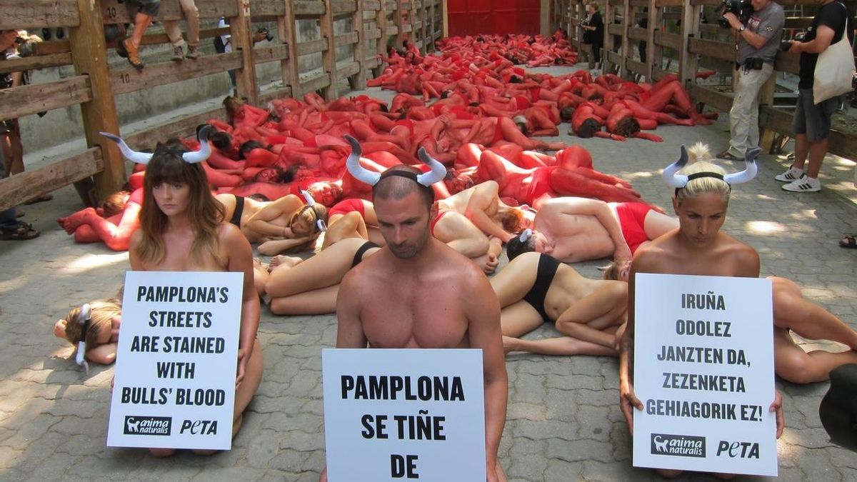 AnimaNaturalis y Peta protestan en Pamplona contra los encierros y las corridas de toros de San Fermín