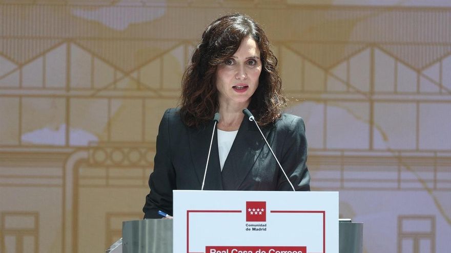 La presidenta de la Comunidad de Madrid, Isabel Díaz Ayuso, durante una rueda de prensa, en la Real Casa de Correos, a 9 de junio de 2026, en Madrid (España).