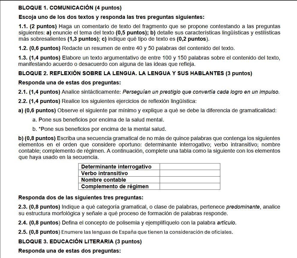 Modelo de examen de Lengua en Madrid para la Selectividad de 2026.