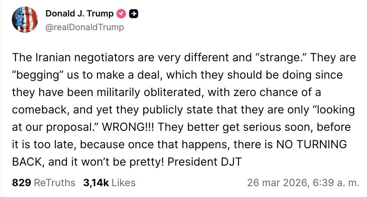 Truth Social de Trump sobre Irán.